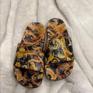 Kids Slide Sandals - Black and Gold Versace Baroque